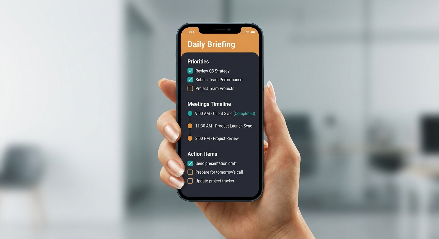 AI Daily Briefing - priorities, meetings timeline, and action items